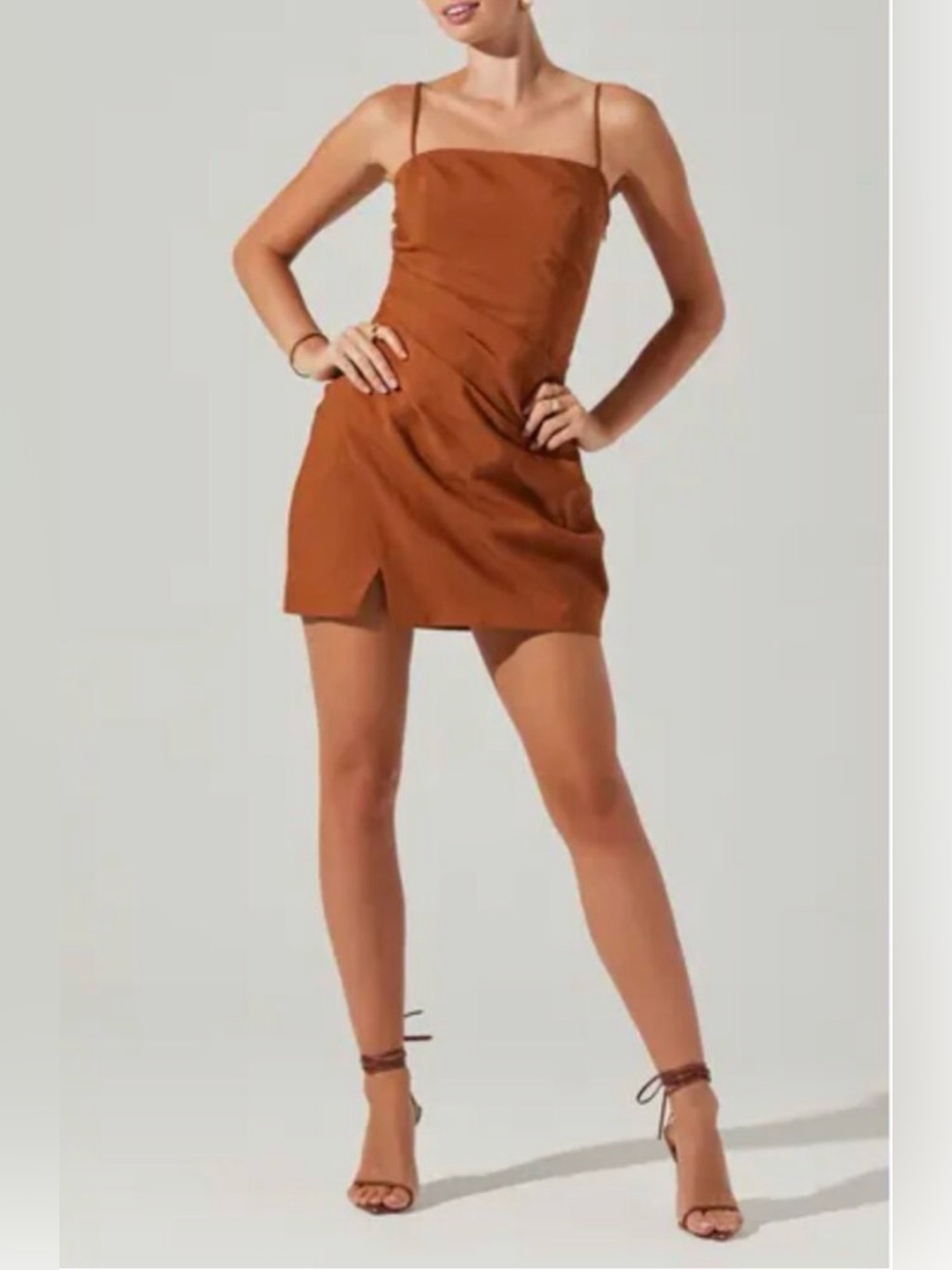 ASTR Isadora Pleated Rust-Brown Spaghetti Strap Mini Dress
